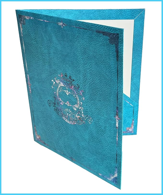12 Pack Decorative File Folders in Matching Resuable Rigid Box, Violet Silver Ornate Design On Blue Leather, Letter Size 9.2x11.7 Colored Folders, Full Color Outside & On Pockets with Beige Lining