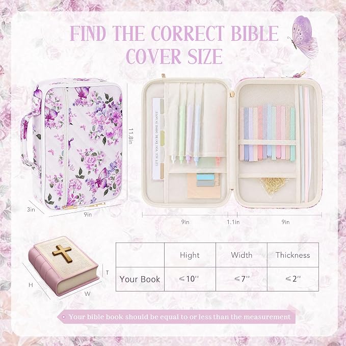 ACOCO Bible Cover Case for Women, All-in-One Bible Study Supplies with Shoulder Strap, Butterfly Floral Quilted Bible Bag with Pens Tabs Ruler, Christian Gifts for Women, Mom, Grandma & Daughter