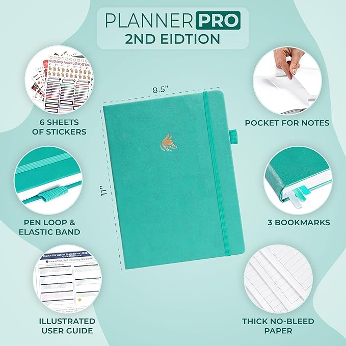 Clever Fox Planner PRO 2nd Edition – Undated Weekly Agenda Planner for Setting Goals, Tasks & Time Management – Life Organizer with To-do Lists & Habit Trackers – Large Format, 8.5x11″ (Turquoise)