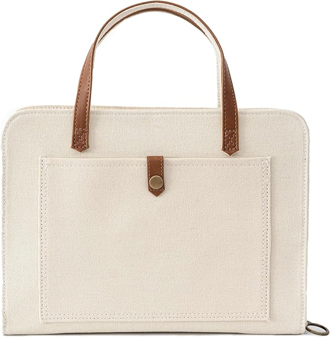 Bible Cover for Women by Bekah Rose | Canvas Case with Leather Handles, Purse Style Bible Bag with Zippered Closure and Snap Pocket (White/Cream, Medium Bibles)