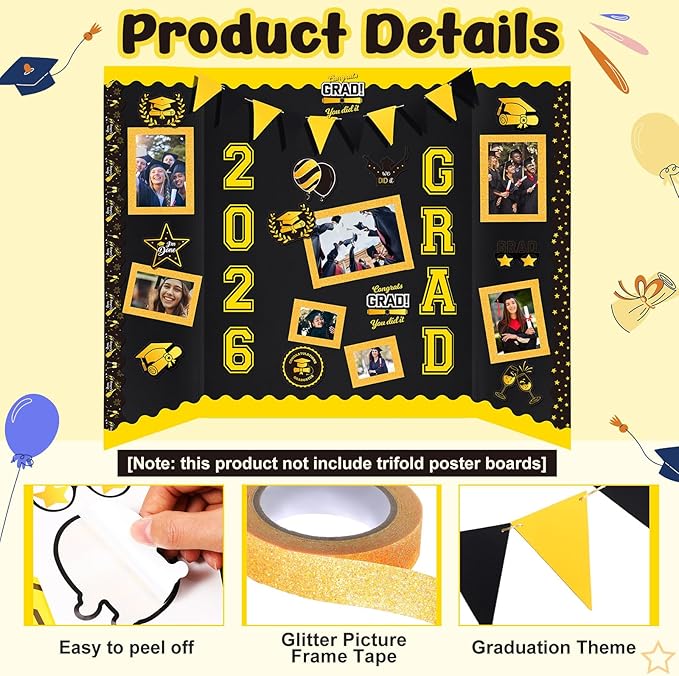 31 Pcs Graduation Photo Poster Board Decor Set Include 28 Sheets Graduation Themed Stickers 2 Rolls Picture Frame Tape 1 PC Banner for 2026 Grad Party College Board Photo Frame Decor(Glod)