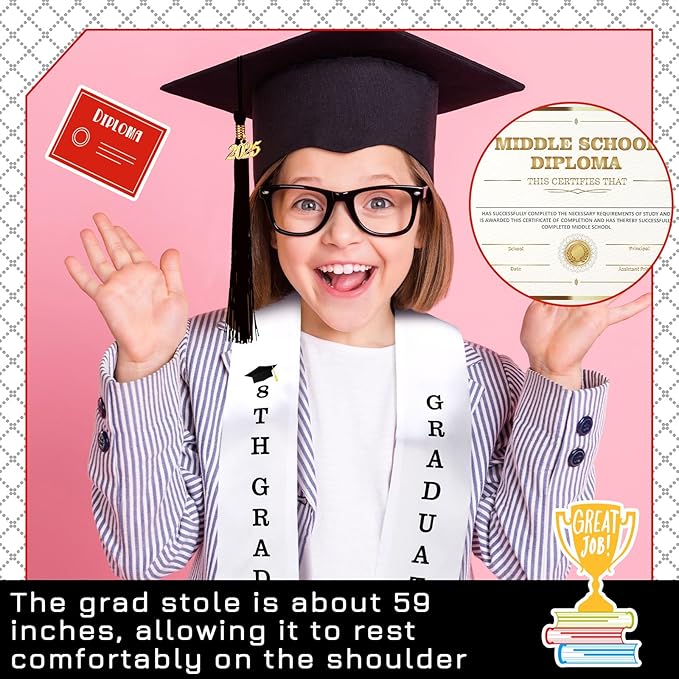 JaGely 3 Pcs 8th Grade Graduation Set Class of 2026 Graduation Cap and Stole Sash with Diploma Certificates Set for Middle School Students Supplies Teachers Parents Gifts