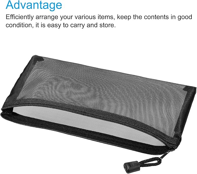 MECCANIXITY Mesh Zipper Bags, B6 Nylon Zip Pouch Pencil Case Storage Pockets for Travel Office Accessories, Black Pack of 6