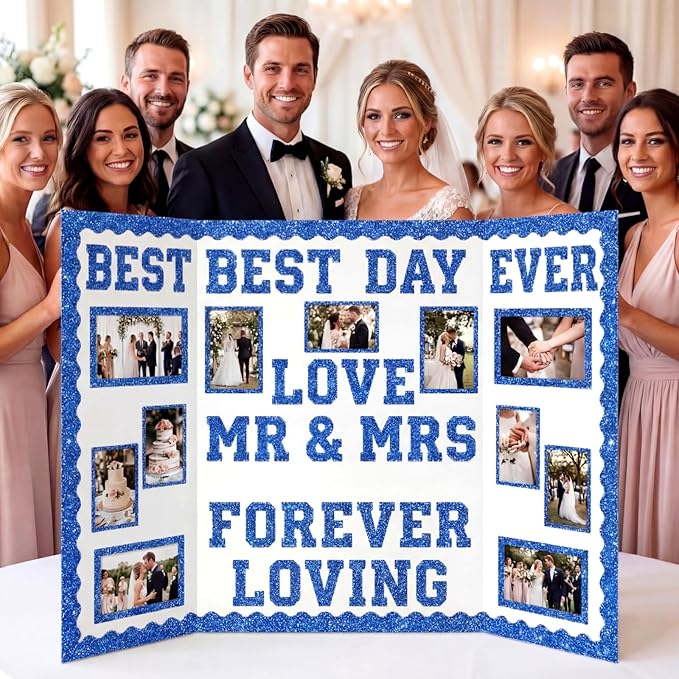 Blue 175 Pcs Graduation Photo Display Board Sticker Glitter Border Trim Alphabet Letter Number for 2026 Grad Party Trifold Poster Photo Display Science Fairs Event Displays Bulletin Board