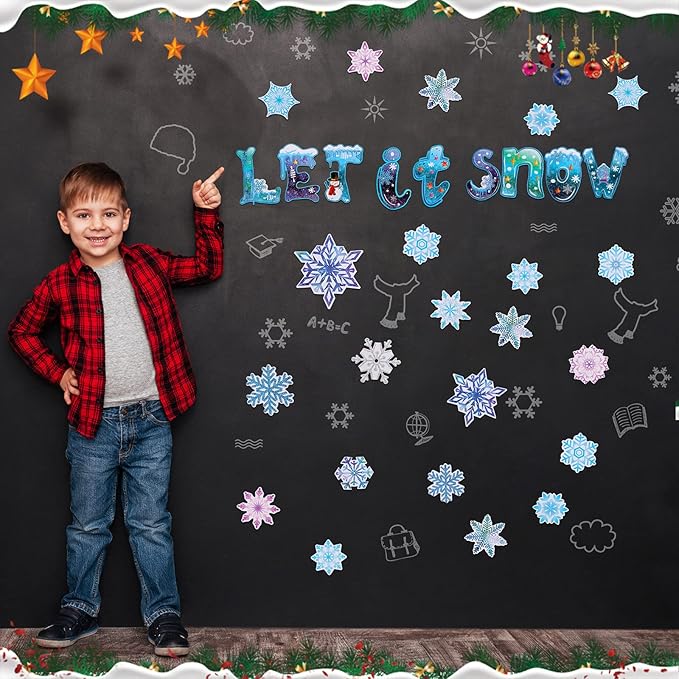 68 Pieces Winter Classroom Bulletin Border Decoration Christmas Snowflake Cutouts Let It Snow Cutouts Winter Classroom Decoration Holiday Bulletin Border for Christmas Classroom Home Decor (Snowflake)