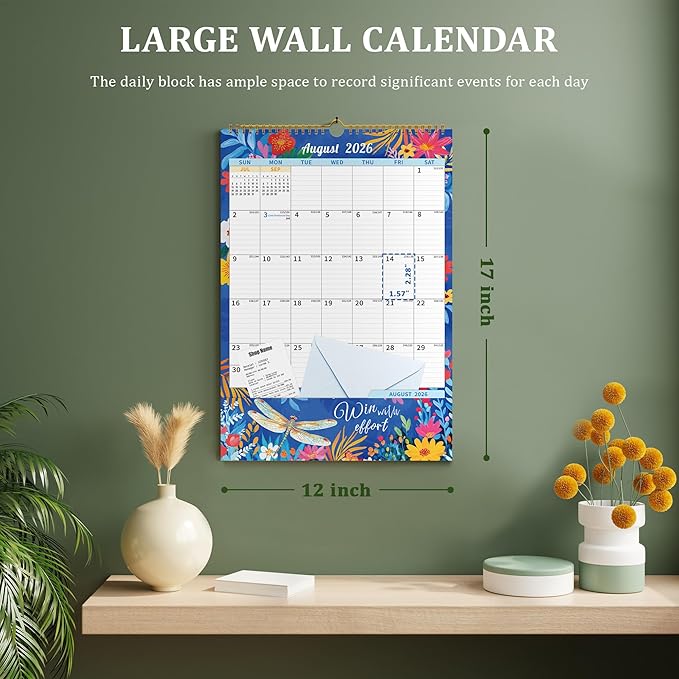Ospelelf Wall Calendar 2026-2027 with Storage Pocket Monthly Large Planner Pad 17" X 12" with Protective Cover and Sticker for Family Fridge Office Teacher Student January 2026 to June 2027 Retro
