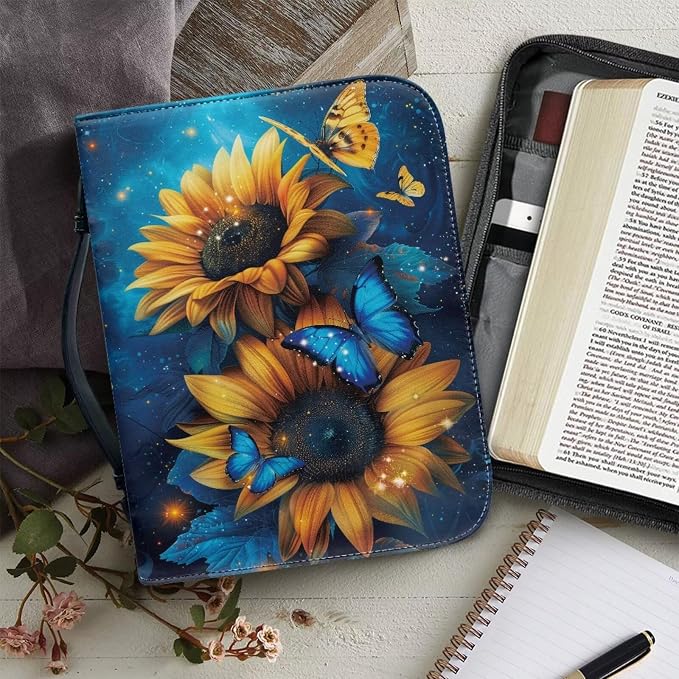 Sunflower Bible Bag Blue Butterfly Bible Cover Case Women Girls Bible Protective with Detachable Shoulder Strap & Zippered Pocket Size：M