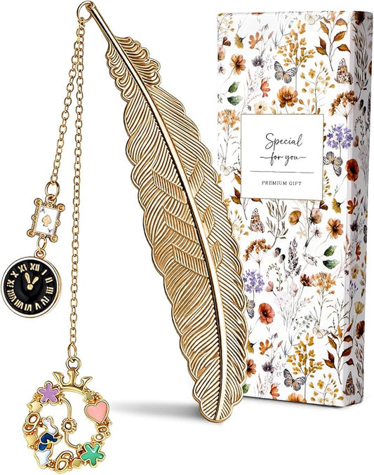 Buleens Bookmarks for Women Reading - Book Marks for Readers Book Lovers, Cute Gold Feather Luxury Fairy Personalized Metal Bookmark with Pendants, Pretty and Aesthetic Book Accessories Reading Gifts