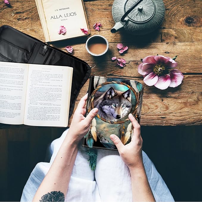 Bible Cover for Men Women,Large Leather Bible Case Fit Book Up to 11x8x2 Inch,Dream Catcher Wolves Bible Covers Bible Study Carrier Church Bags w/Handle & Zipper