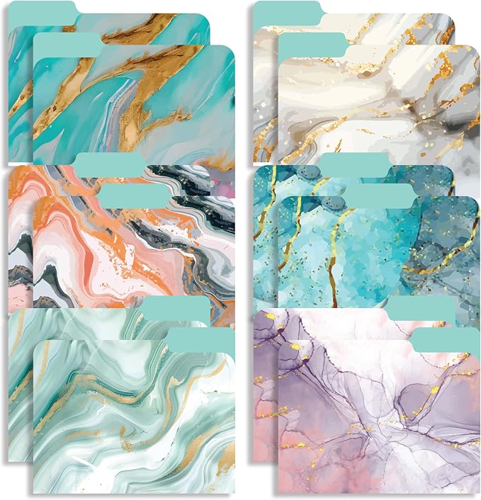 Decorative File Folders 1/3 Cut Tab, 12 Pack Marble Design, Heavyweight Laminated Letter Size (9.5” x 11.5”), Stylish Fashion File Folders for Home, Office & School Organization (Marble)