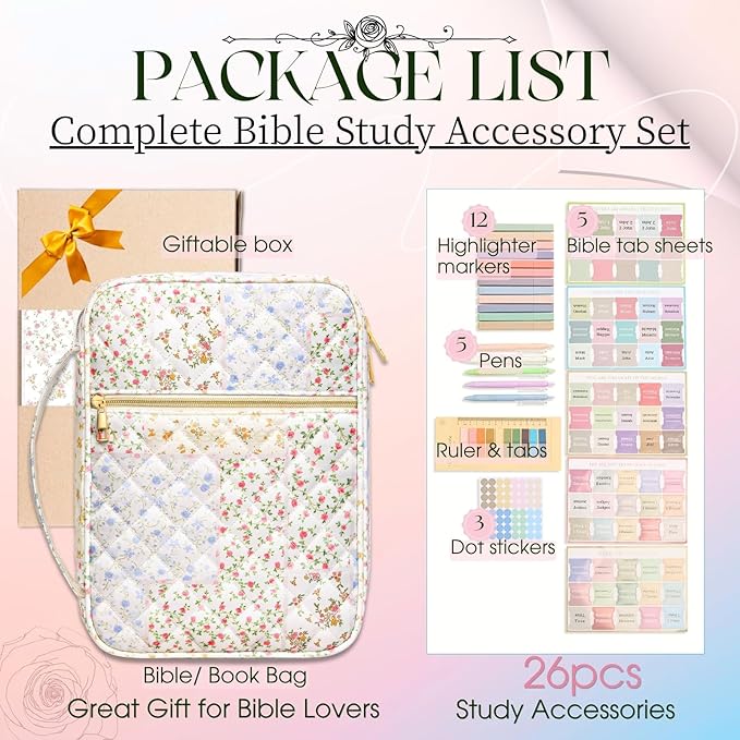 Bible Cover Case for Women Girls: Christian Mothers Day Gifts for Mom Large Quilted Bible Bag with Multi Pockets 26Pcs Study Supplies Journaling Kit, Floral Print Durable Book Carrying Organizer