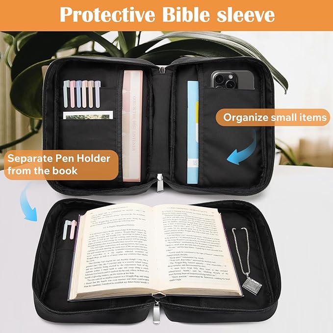 Small Bible Cover Case for Women and Men, 9x6 PU Leather Bible Sleeve, Compact Travel Bible Carrier Bag with Front Pen Holders, Zipper Closure, Inner Pockets - Black