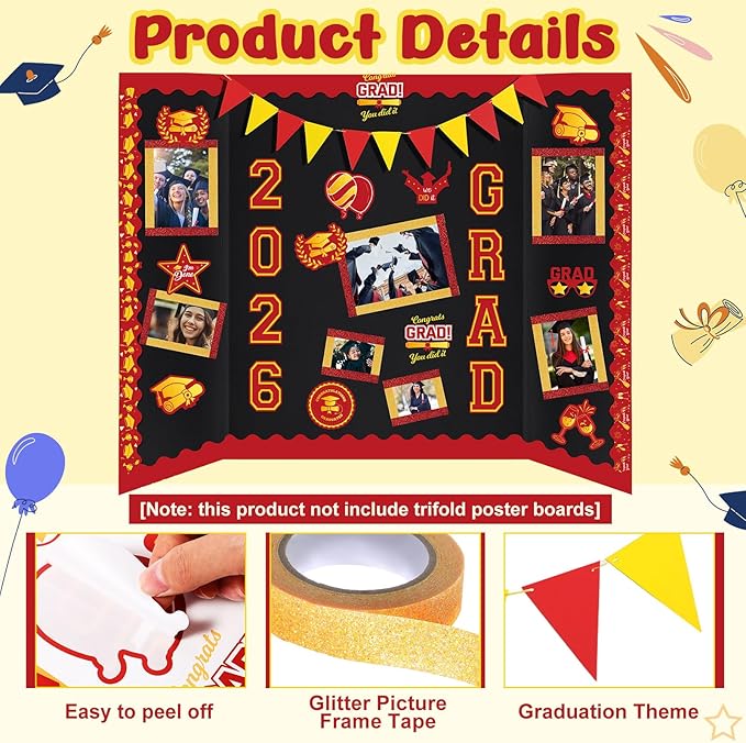 31 Pcs Graduation Photo Poster Board Decor Set Include 28 Sheets Graduation Themed Stickers 2 Rolls Picture Frame Tape 1 PC Banner for 2026 Grad Party College Board Photo Frame Decor (Red)