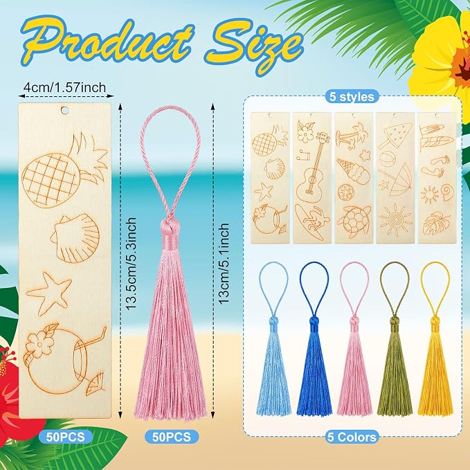 AmazingSpark 100 Pcs Hawaiian Wood Bookmarks Bulk DIY Crafts Kit, 50 Set Summer Blank Coloring Bookmarks with Tassel for Classroom Reward Gifts, End of Year Gifts, Luau Birthday Party Favor