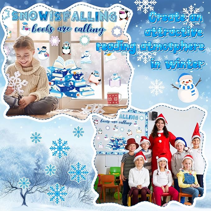 Honoson 64 Pcs Winter Bulletin Board Decoration Set Snowflake Bulletin Boards Winter Reading Classroom Decorations Book Cutouts for School Home Reading DIY Craft Chalkboard Window Wall Decor(Snow)