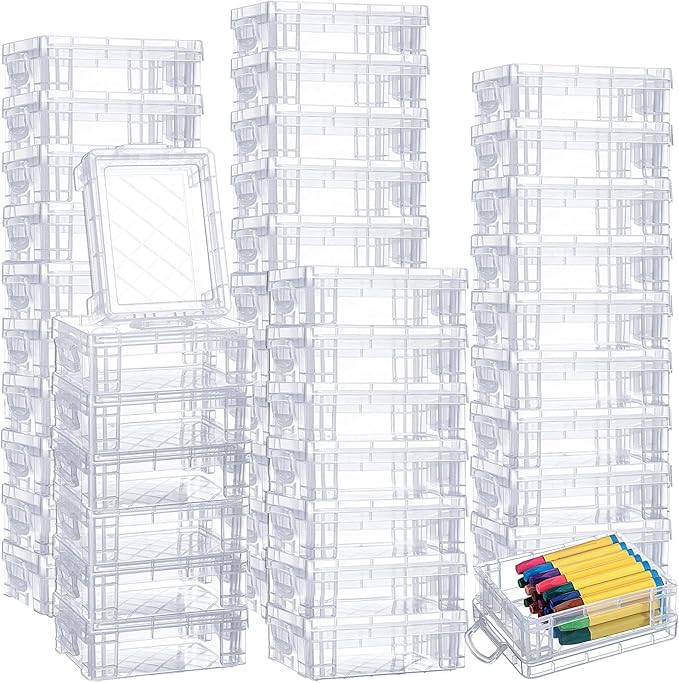Suzile 45 Pcs Plastic Crayon Box with Lid Clear Crayon Organizer Stackable Storage Containers Bulk Pastel Holder Case for Office School Classroom Supplies Pen Pencil Art Crafts