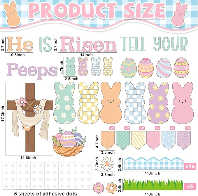 Easter Bunny Religious Cross Bulletin Board Set Jesus He is Risen Classroom Decoration Resurrection Cross Colored Rabbit Eggs Paper Cutouts for Spring Home Sunday School Wall Chalkboard Decor