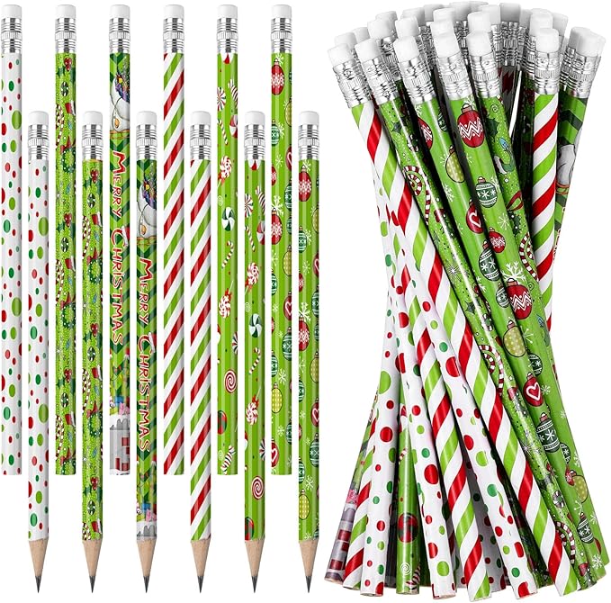 Sabary 60 Pcs Christmas Pencils Bulk Wood Xmas Pencil with Eraser Merry Christmas Stationery for Kids Children Xmas Party Favors Holiday Goodie Bag Stuffers