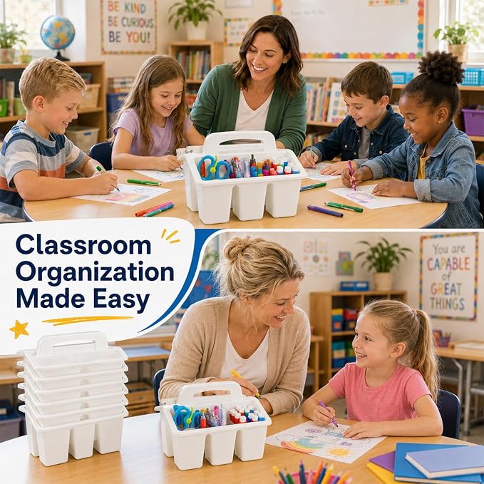 8 Pack Classroom Caddy Storage Basket with Handle 4 Compartment Storage Caddy Plastic Arts Crafts Caddies Protable Classroom Craft Caddies for Kids Schools Art Craft Supplies(White)