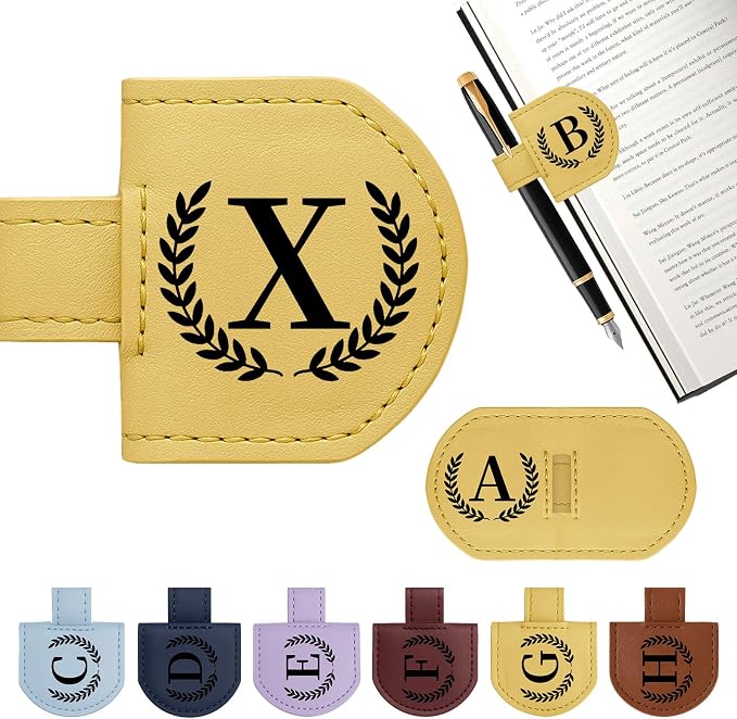 Personalized Magnetic Bookmark Pen Holder, Leather Book Marks for Reading Women& Men, Engraving 26 Letters Name Initial Bookmarks with Pencil Pen Holder, Gift for Book Lovers, Readers (Yellow, X)