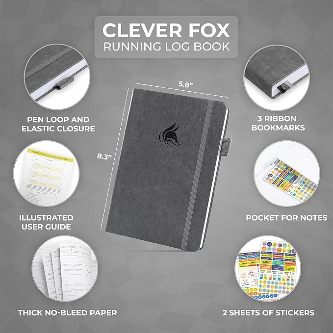 Clever Fox Running Log Book – Complete Run Training Tracker Journal – Runners Planner, Track Gifts & Stuff For Runners, Women & Men (Gray)