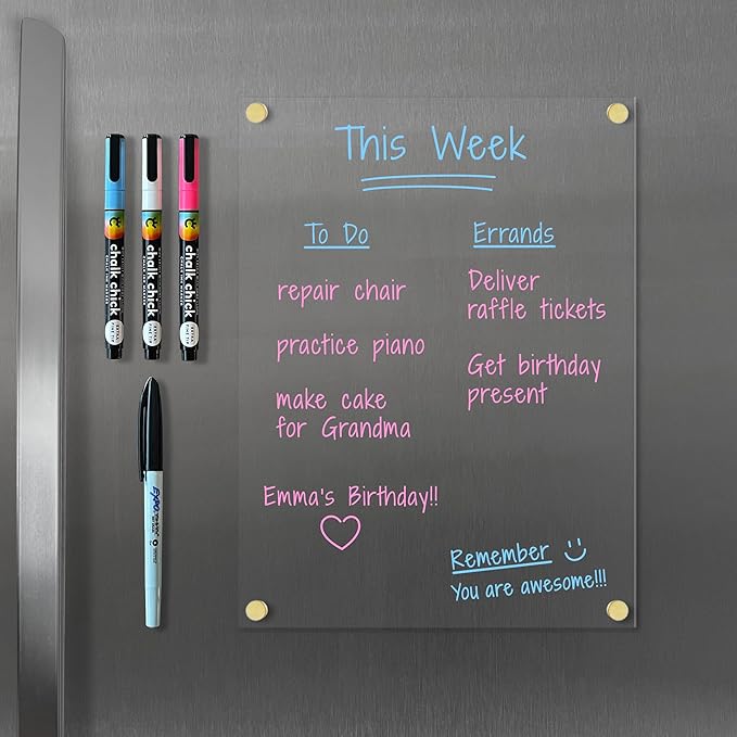 Magnetic Acrylic Blank Notes Board for Fridge 9" x 12", Clear Wet Erase Refrigerator Memo Board, Minimalist Planning Board, Optional Marker Set, Black Corner Magnets