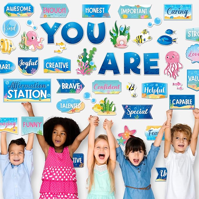 45 Pcs Ocean Affirmation Station Bulletin Board Set Motivational Posters Classroom Mirror Growth Mindset Decor Positive Affirmations Accents Cutouts for School Office Home Teacher Wall