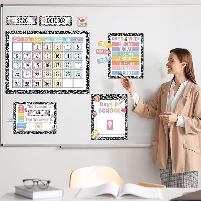 Whaline Composition Notebook Calender Bulletin Board Decorations Composition Classroom Calender Set with Chart Cutouts for Back to School Party Supplies