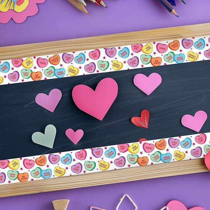 JarThenaAMCS 66Ft Valentine's Day Bulletin Board Border White Conversation Heart Rolled Self Adhesive Colorful Heart Border Trim Stickers for Classroom Office Chalkboard Party Decor