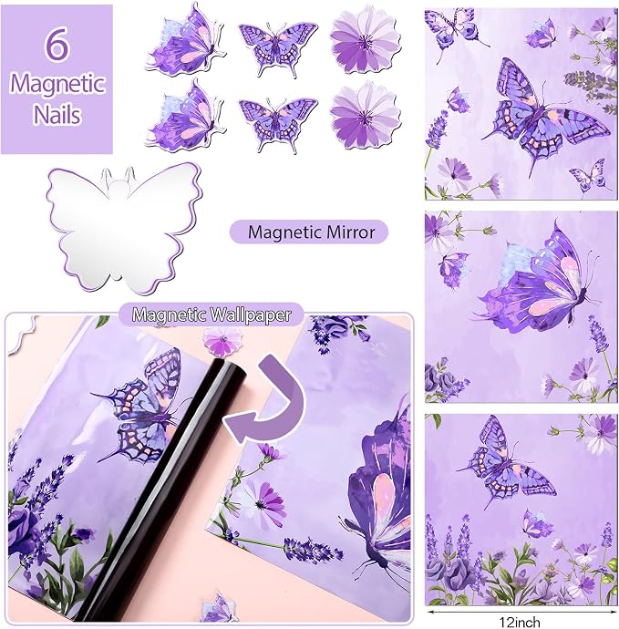 18 Pcs Purple Butterfly Locker Accessories Kit for Girls Back to School Essentials with Magnetic Wallpaper Shelf Mirror Pen Holder Dry Erase Pen Rug Nails Locker Decorations for Office School Supplies