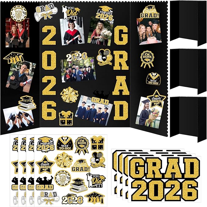 4 Set Graduation Photo Display Board, Class of 2026 Black Gold Trifold Poster Board with Grad Pattern Stickers, Graduation Photo Props Collage for Multiple Pictures Party Decorations, 16x24 Inch