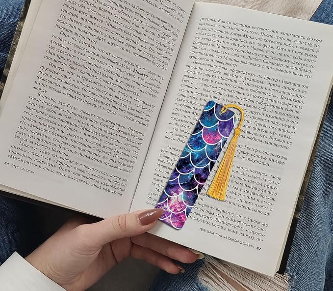 WIRESTER Set of 3 Metal Bookmarks with Light Gold Tassel - Blue Wave, Mosaic Mermaid Scale, Pink Mermaid Scales for Students, Readers, Teachers, Book Lovers