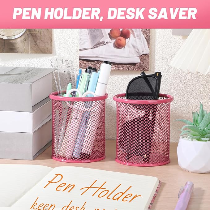 Segarty Pen Cup, 3 Pack Assorted Colors Round Pen Holder for Desk, Wire Mesh Pencil Cups Holder Desktop Accessories Organizer for Office Supplies, School, Home, Makeup Brush (Light Blue Pink Green)