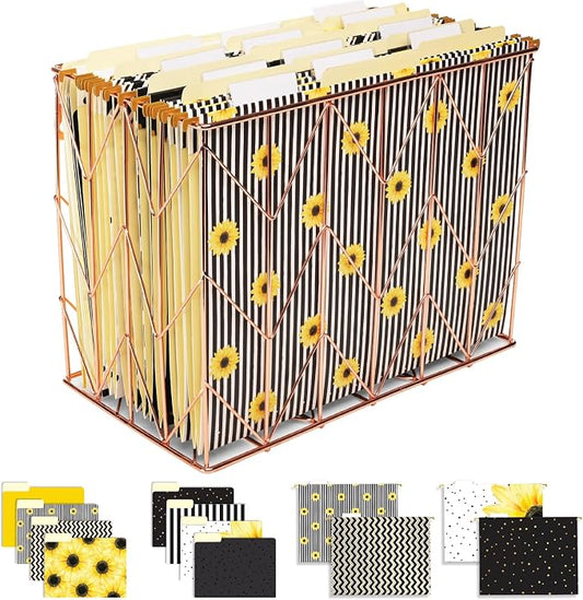 Global Printed Products Deluxe Designer Hanging File Folder Kit, Includes Metal Hanging Basket, 12 Hanging Folders, 24 File Folders, 1/3 Cut Tab, Assorted Positions, Letter Size (Sunflower)