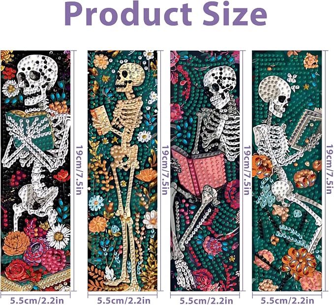 Skull Diamond Art Bookmarks for Adults, 4 PCS Reading Diamond Painting Bookmarks with Pendant, 5D Gem Art, Acrylic Bookmark DIY Crafts for Books Decor Gift