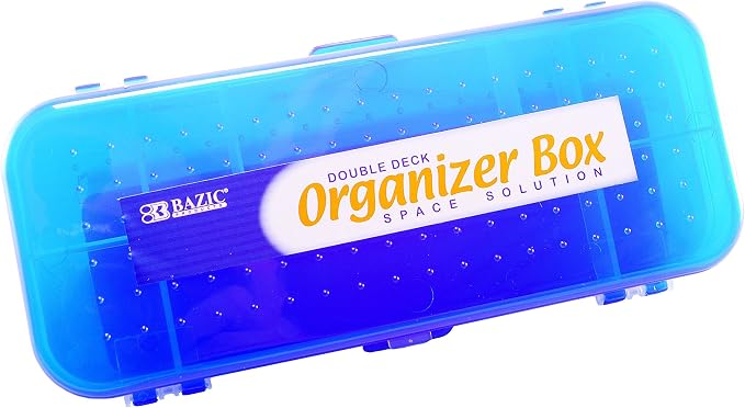 Double Deck Organizer Box, 8.25" x 3.25" x 1.5", 2 Latched Sides - 5 Compartments (2-Pack, Random Color: Black, Red, Blue, White)
