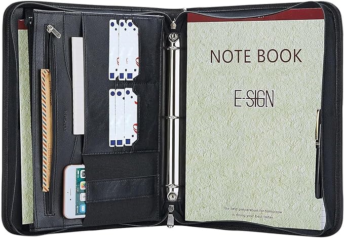 IVESIGN Zippered Padfolio Binder, Faux Leather Organizer with 3-Ring Binder, Left-Handed Design, Business Card Slots & Document Folders - Professional Padfolio for Office (Black)