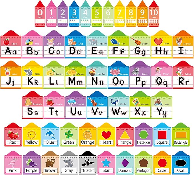 Crayon Alphabet Number for Classroom Wall Colorful Crayon Bulletin Board Manuscript Educational Cards ABC Letters Numbers Shapes Colors Poster for Preschool Elementary Early Learning Decor