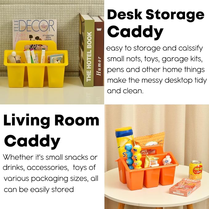 ALINK Classroom Caddy Storage Basket with Handle, 6 Pack Plastic Arts Office Crafts Caddy 4 Compartments for Kids, Pencil, Crayon, Marker, School Supplies, 6 Colors