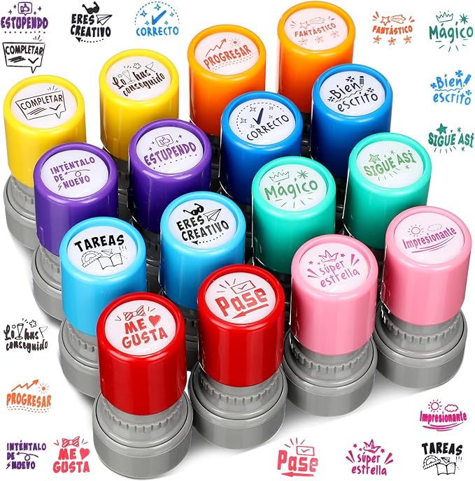 Jetec 16 Pcs Spanish Teacher Self Inking Stamps Teacher Gifts Motivation Grading Stamps for Signature Homework Reward Supplies(Round)