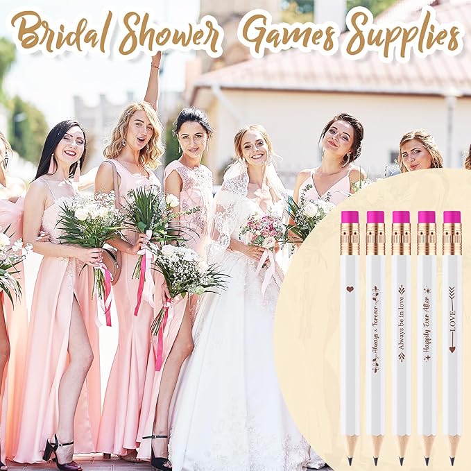 Crtiin 50 Pcs Bridal Shower Pencils Half Golf Wedding Pencils with Eraser 4 Inch Short Pocket Pre Sharpened for Wedding Game Bridal Shower Presents Classroom School(White and Rose Red)