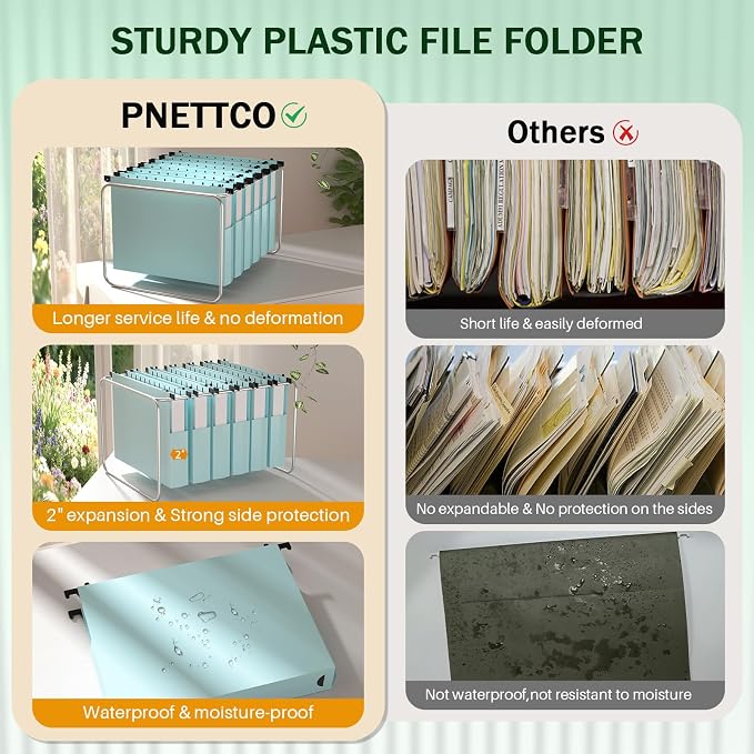 12 Pack Hanging File Folders, Blue Hanging File Folders, Plastic File Folder Hanging with Tabs, Filing Cabinet Folders Organizer Letter Size Paper Storage - Home Schoool Office Supplies