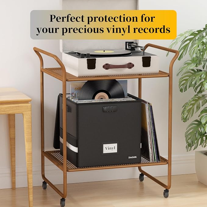 DocSafe Vinyl Record Storage Box with Lock,Fireproof＆Water Resistant Record Organizer Storage for 100+ Single Records(12-inch),Collapsible Storage Crate with Lid&Handles for Valuable Album Collection