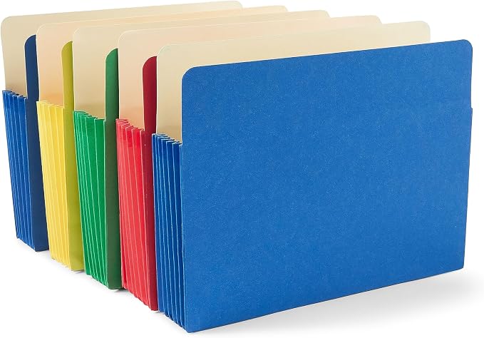 Staples Expanding File Pockets, Letter Size, Extra‑Capacity 5.25‑Inch Expansion, Durable Construction, Assorted Colors – 15/Carton