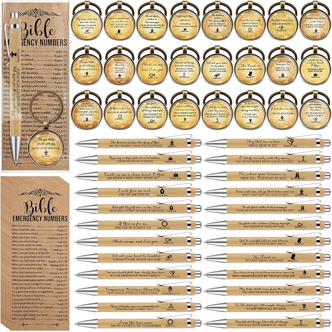 Dunzoom 25set 75pcs Fathers Day Christian Gift Emergency Numbers Bookmark Bible Verse Pen Religious Scripture Keychain for Women Men Coworker Church Prayer Baptism Souvenir Study Group(Wood Color)