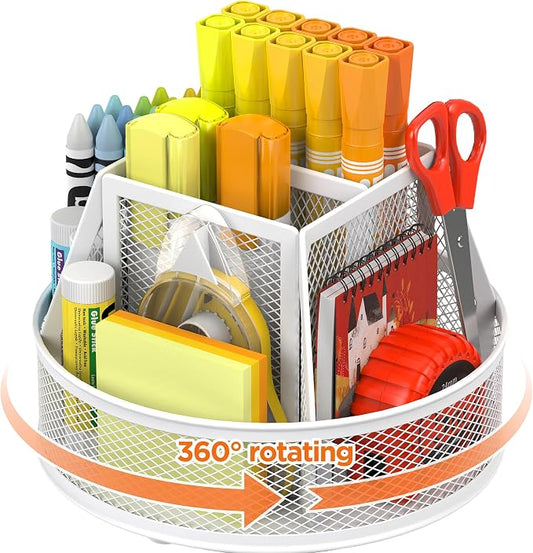 Docnest 360° Rotating Pen Holder,Heavy-Duty Metal Mesh Desk Organizer with 6 Compartments for Pencils,Scissors & Markers –Space Saving Office Supply for Teachers, Students & Home Desk-White