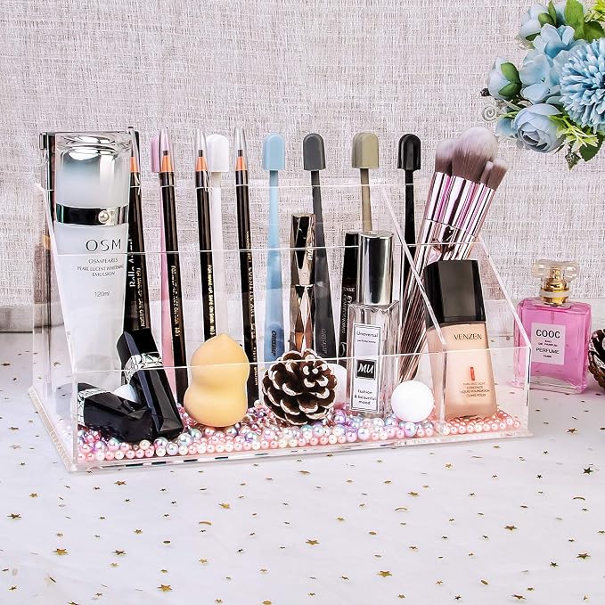 YestBuy Acrylic Desk Organizer, Clear Desk Paper Tray Organizer with Sorter, Vanity Makeup Organizer, Clear Cosmetic eyeshadow palette Holder Perfect for Home and Office