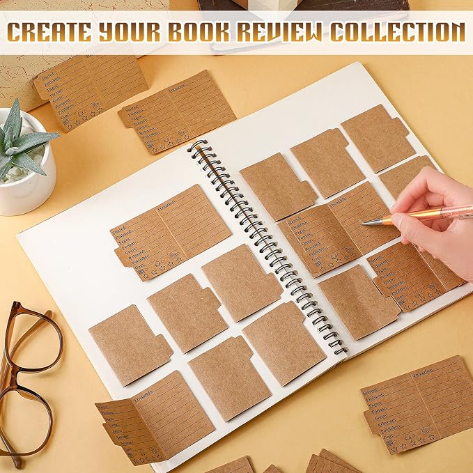Glenmal 120 Pcs Mini Book Review Bookmarks Reading Journal File Log Page with 2 Pcs Double Sided Correction Tape Reading List Bookmark for Book Lovers Bookish Bookworms Student Gift (Cowhide Color)