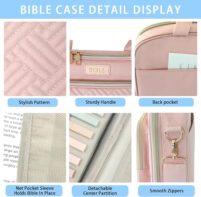 Bible Cover for Women Bible Case, Large Bible Bag, Bible Study Supplies Bible Journaling Kit Book Carrying Case with Bible Highlighters Tabs, Valentines Day Christian Gifts for Women (Pink)