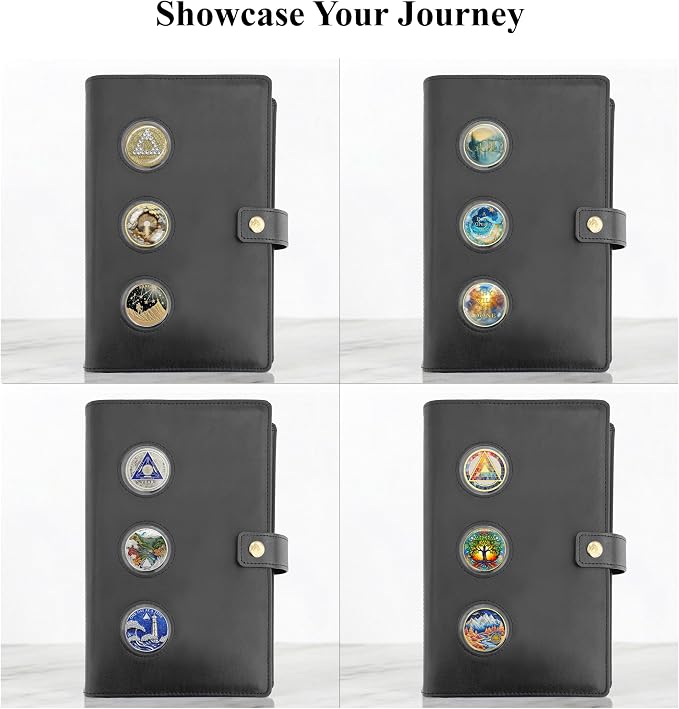 GALILEO® 3-Coin Pocket Double AA Book Cover | Showcase Your Journey | 12 Steps & 12 Traditions | PU Leather Coin Holder | AA Gift | Alcoholics Anonymous (Pure Black/ 3 Medallion Pockets)
